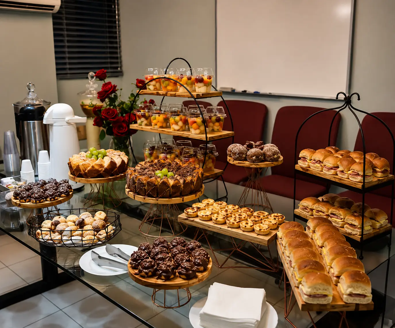 Mesa de buffet montada com doces, salgados e frutas